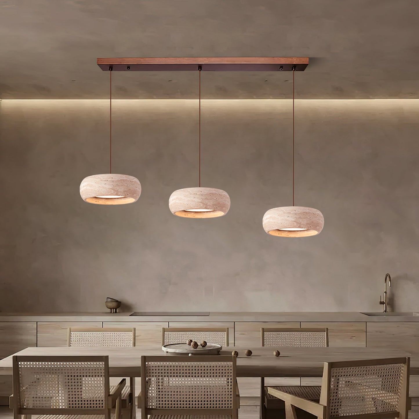 Travertine Drum Pendant Lamp - Natural Stone Disk Light | TRIAC Dimmable Integrated LED Island Pendant