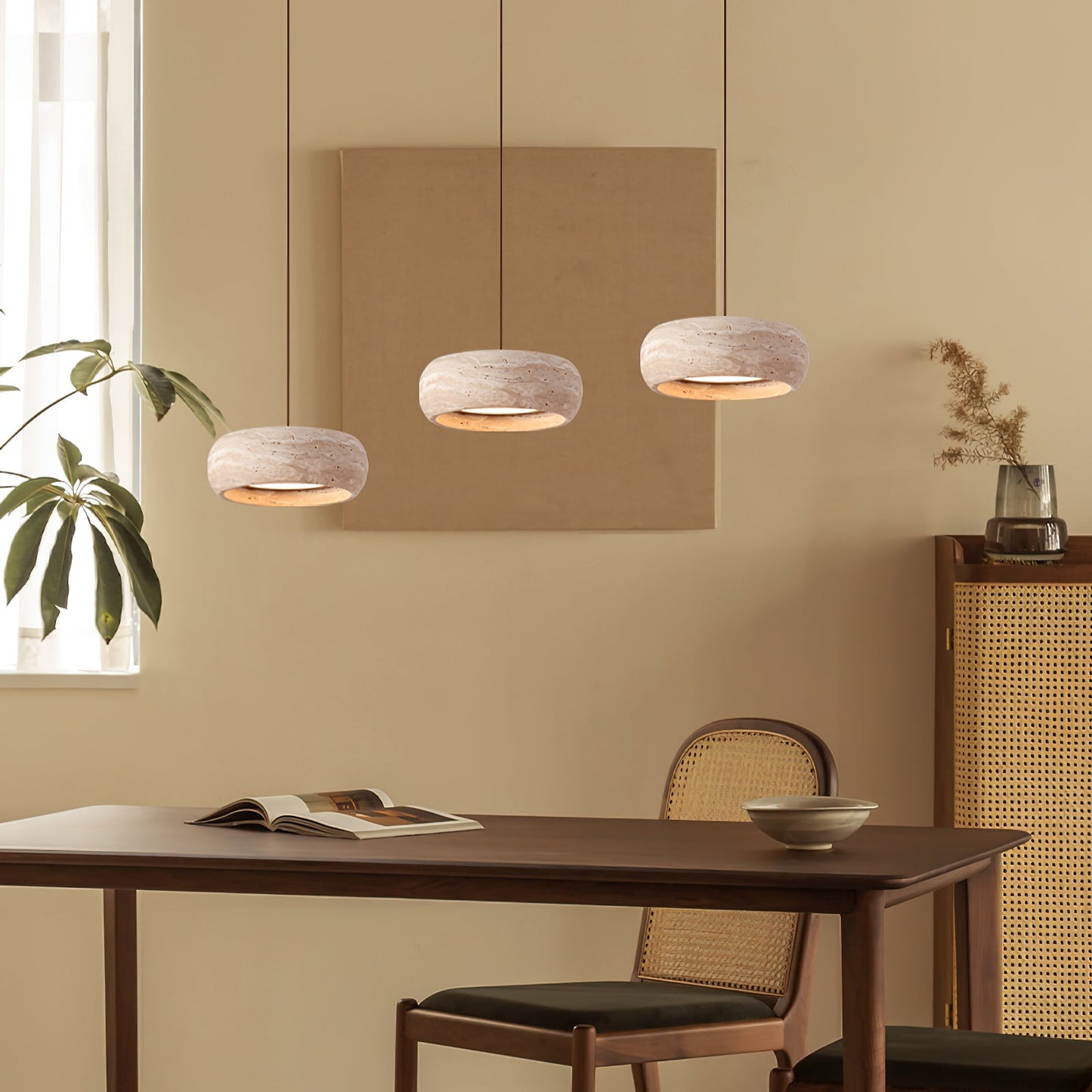 Travertine Drum Pendant Lamp - Natural Stone Disk Light | TRIAC Dimmable Integrated LED Island Pendant