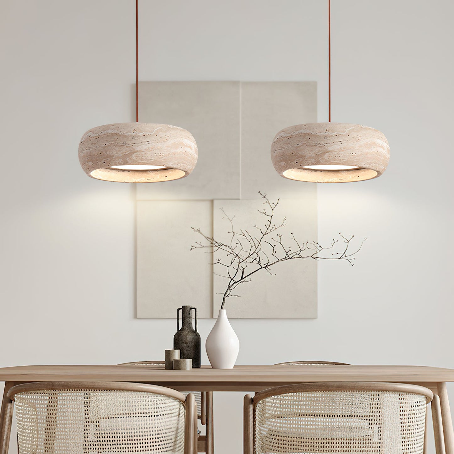 Travertine Drum Pendant Lamp - Natural Stone Disk Light | TRIAC Dimmable Integrated LED Island Pendant