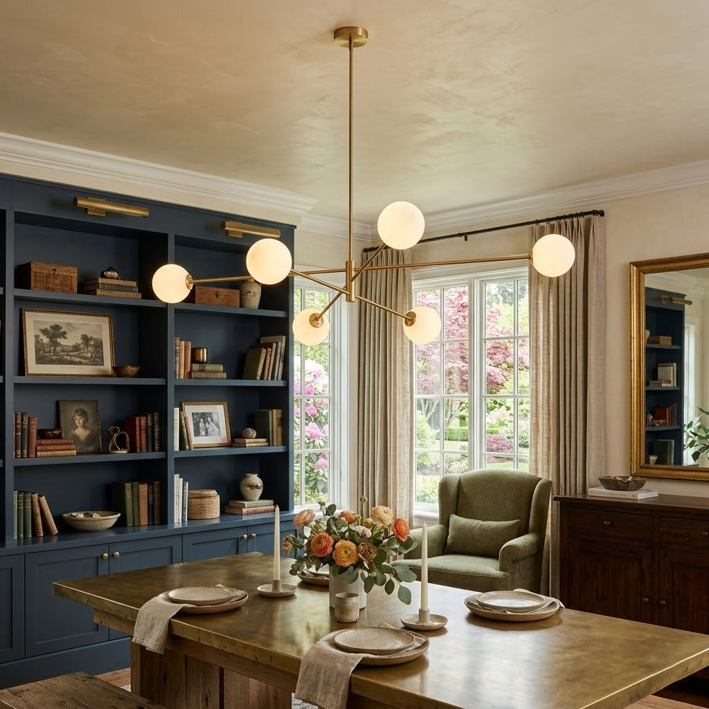 Trevi Chandelier - Solid Brass & Matte White Glass Globe Pendant Light | Modern Architectural Branching Chandelier