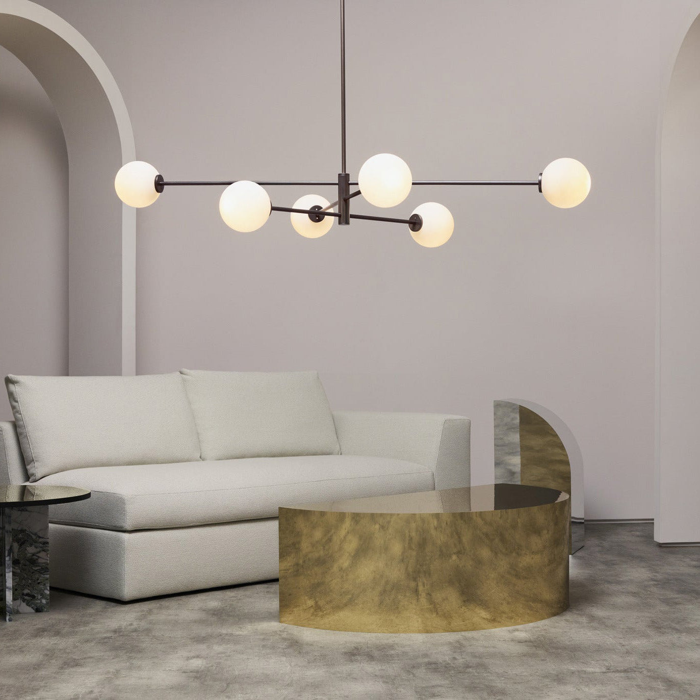 Trevi Chandelier - Solid Brass & Matte White Glass Globe Pendant Light | Modern Architectural Branching Chandelier