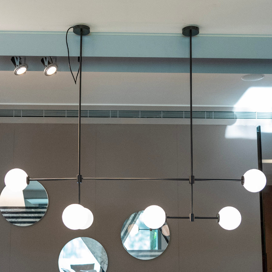 Trevi Multi Chandelier - Multi-Tiered Brass & Glass Globe Pendant Light | Modern Linear Grid Chandelier
