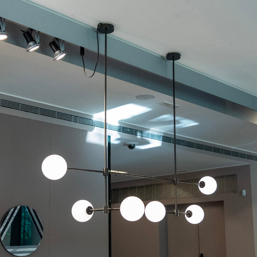 Trevi Multi Chandelier - Multi-Tiered Brass & Glass Globe Pendant Light | Modern Linear Grid Chandelier