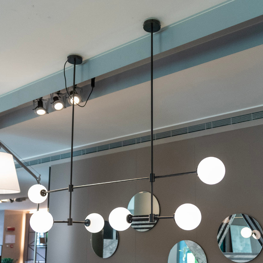 Trevi Multi Chandelier - Multi-Tiered Brass & Glass Globe Pendant Light | Modern Linear Grid Chandelier