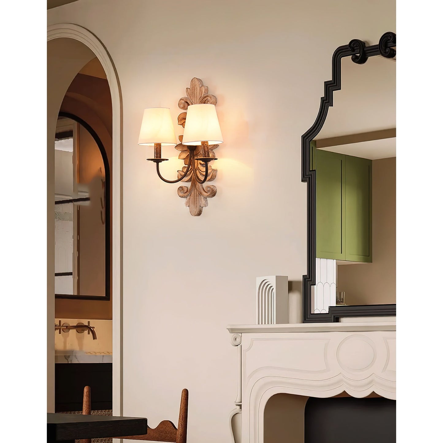 Trianon Glit Sconce - Carved Wood 2-Light Wall Sconce | French Country Vintage Fabric Shade Light