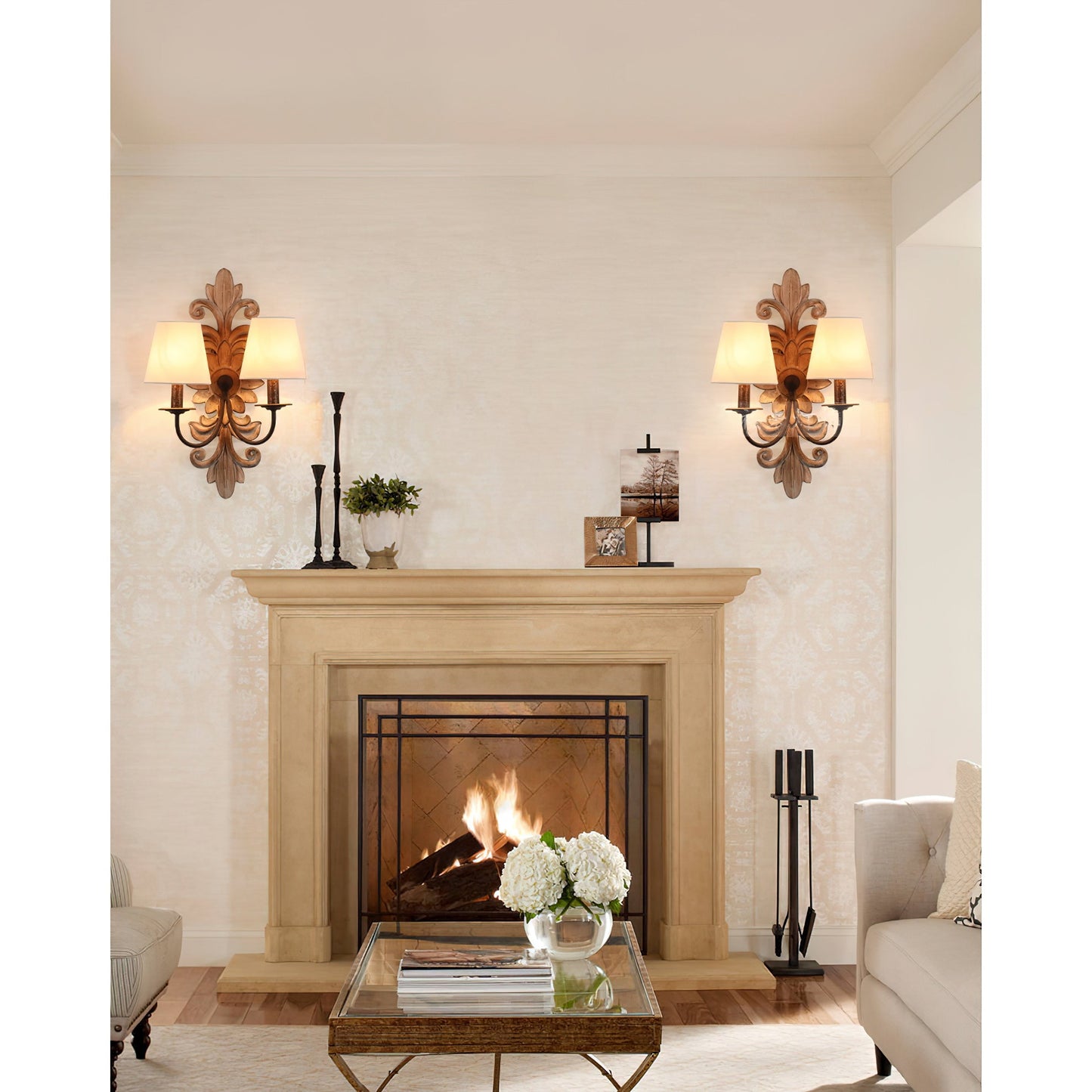 Trianon Glit Sconce - Carved Wood 2-Light Wall Sconce | French Country Vintage Fabric Shade Light