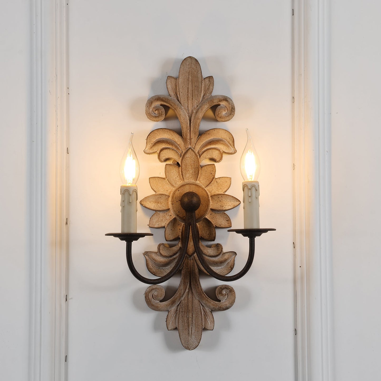 Trianon Glit Sconce - Carved Wood 2-Light Wall Sconce | French Country Vintage Fabric Shade Light