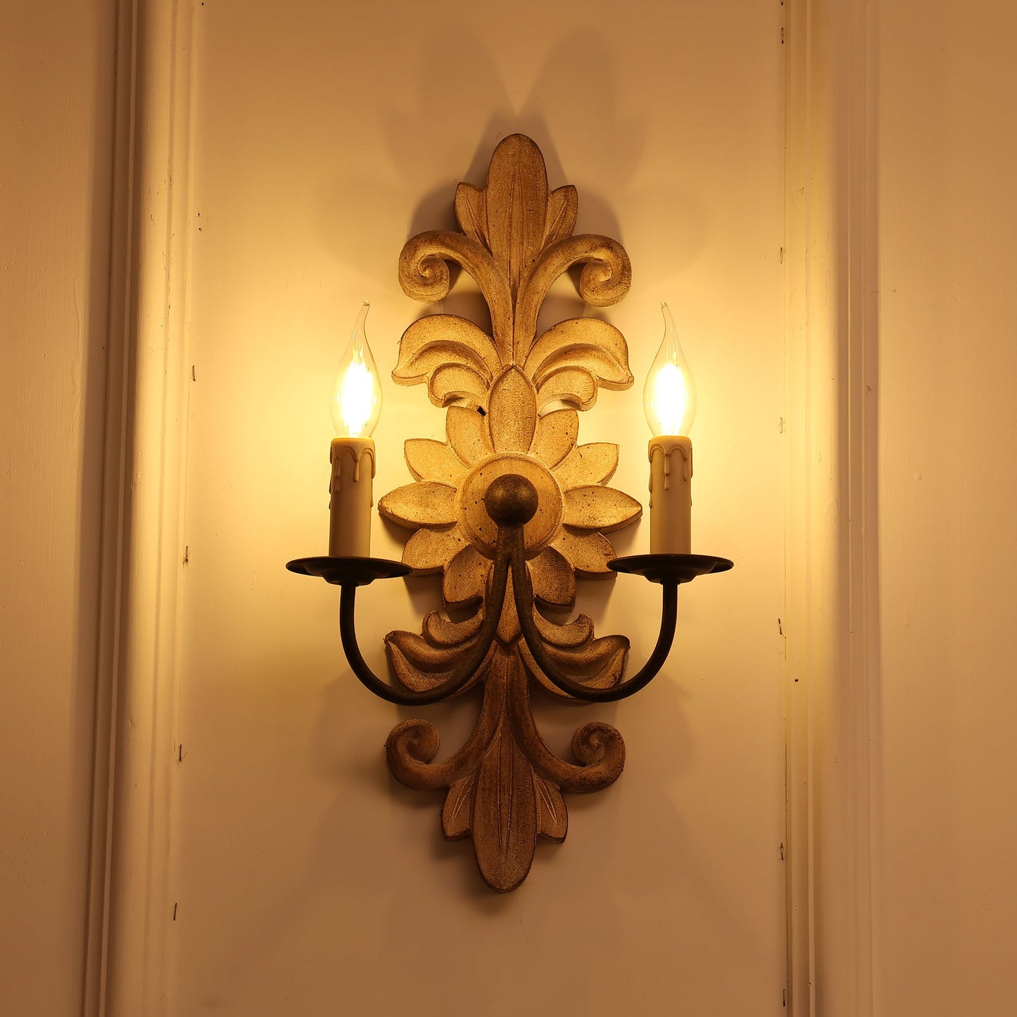 Trianon Glit Sconce - Carved Wood 2-Light Wall Sconce | French Country Vintage Fabric Shade Light