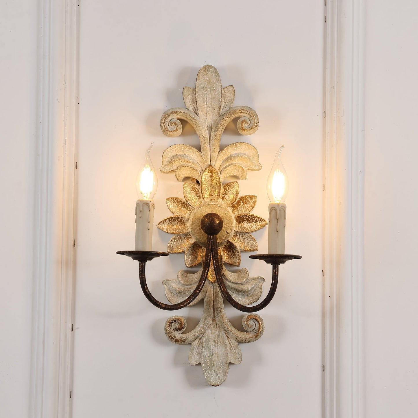 Trianon Glit Sconce - Carved Wood 2-Light Wall Sconce | French Country Vintage Fabric Shade Light