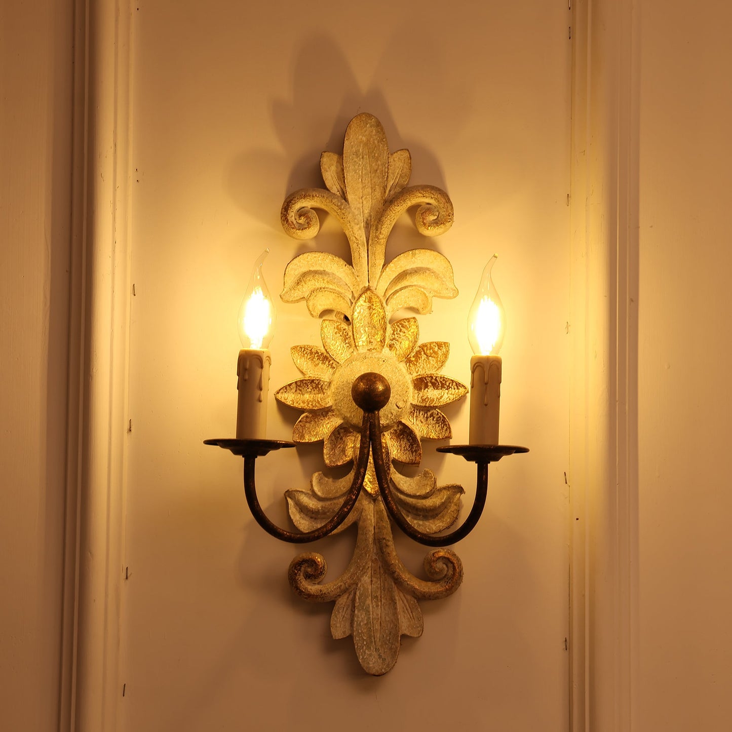 Trianon Glit Sconce - Carved Wood 2-Light Wall Sconce | French Country Vintage Fabric Shade Light