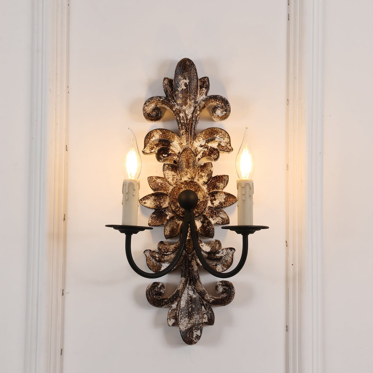 Trianon Glit Sconce - Carved Wood 2-Light Wall Sconce | French Country Vintage Fabric Shade Light