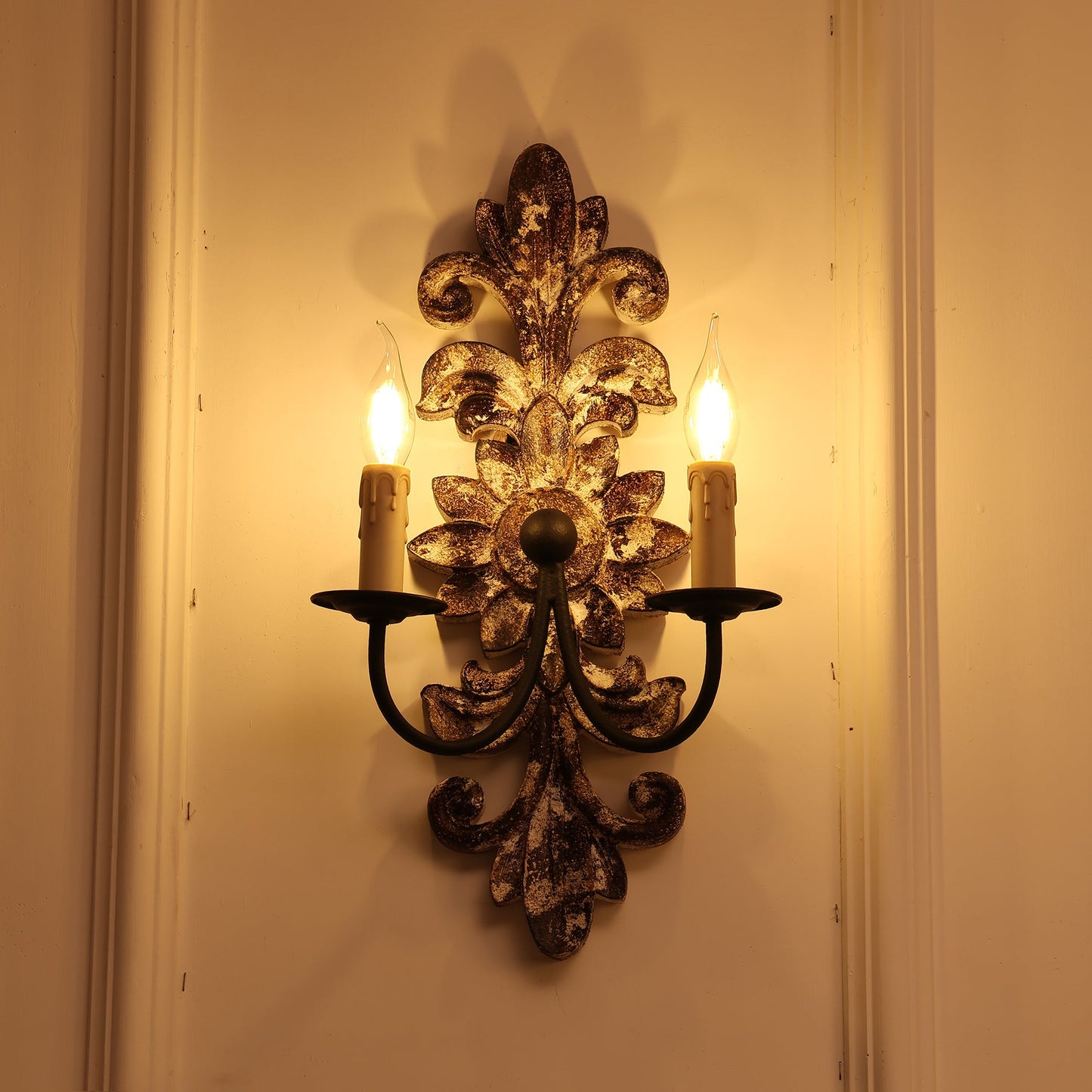 Trianon Glit Sconce - Carved Wood 2-Light Wall Sconce | French Country Vintage Fabric Shade Light