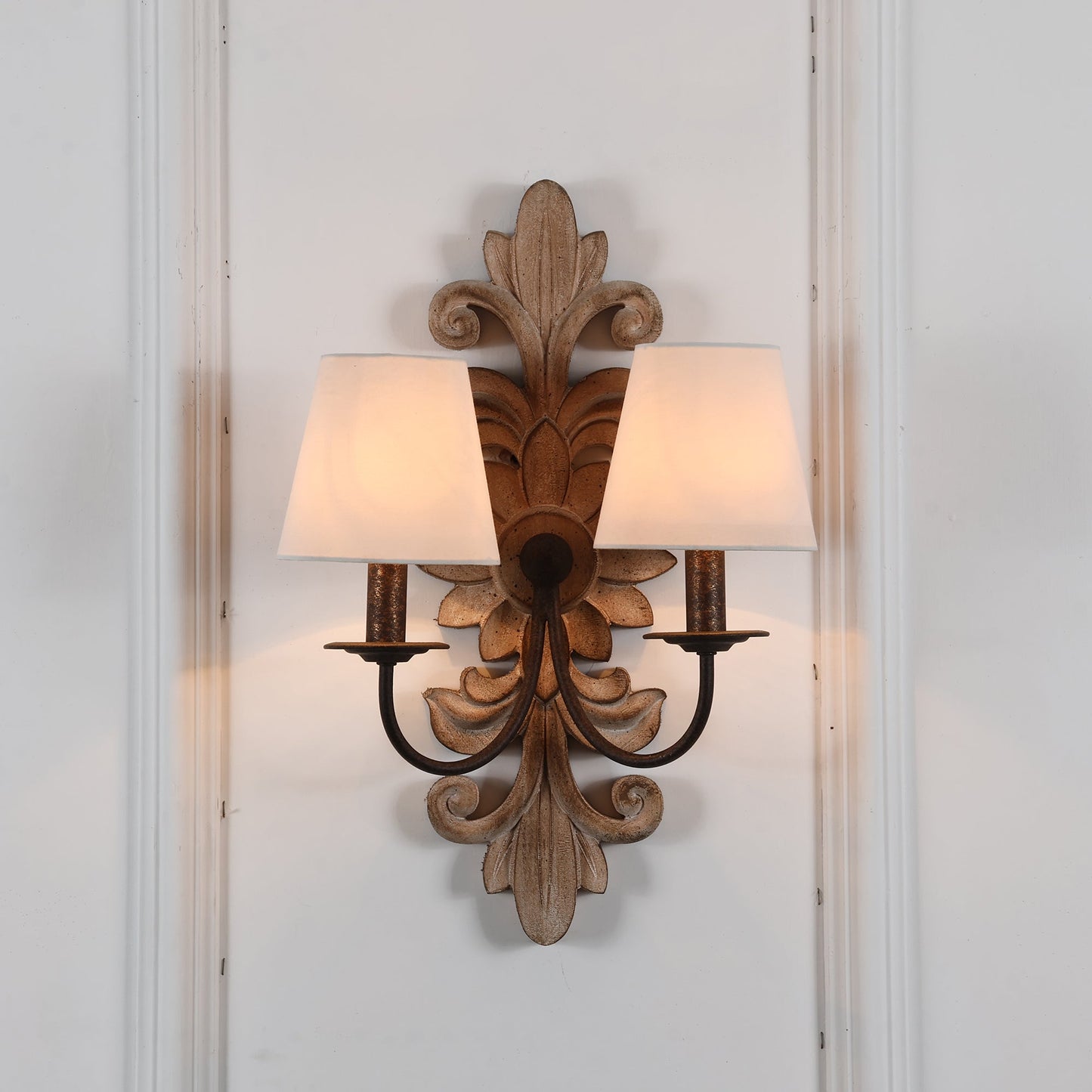 Trianon Glit Sconce - Carved Wood 2-Light Wall Sconce | French Country Vintage Fabric Shade Light