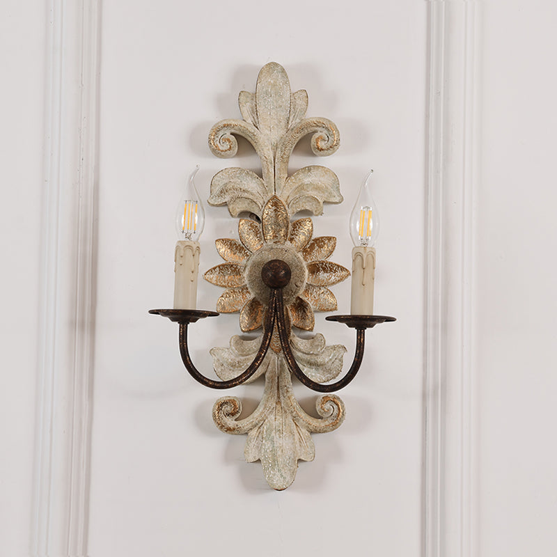 Trianon Glit Sconce - Carved Wood 2-Light Wall Sconce | French Country Vintage Fabric Shade Light