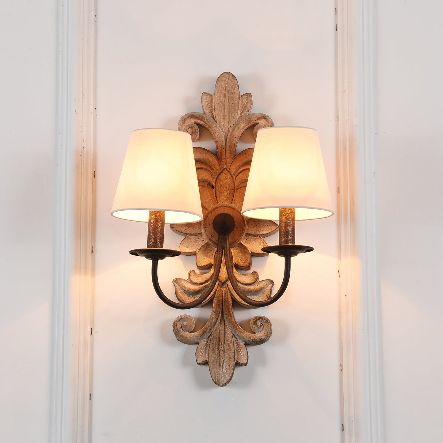 Trianon Glit Sconce - Carved Wood 2-Light Wall Sconce | French Country Vintage Fabric Shade Light