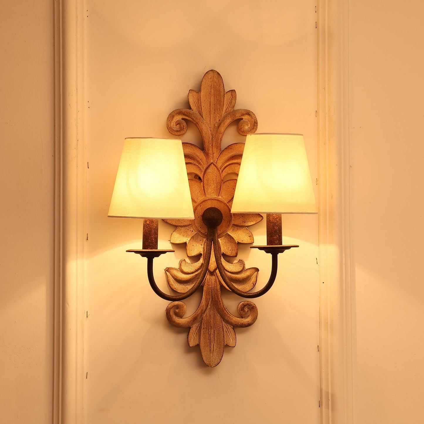 Trianon Glit Sconce - Carved Wood 2-Light Wall Sconce | French Country Vintage Fabric Shade Light