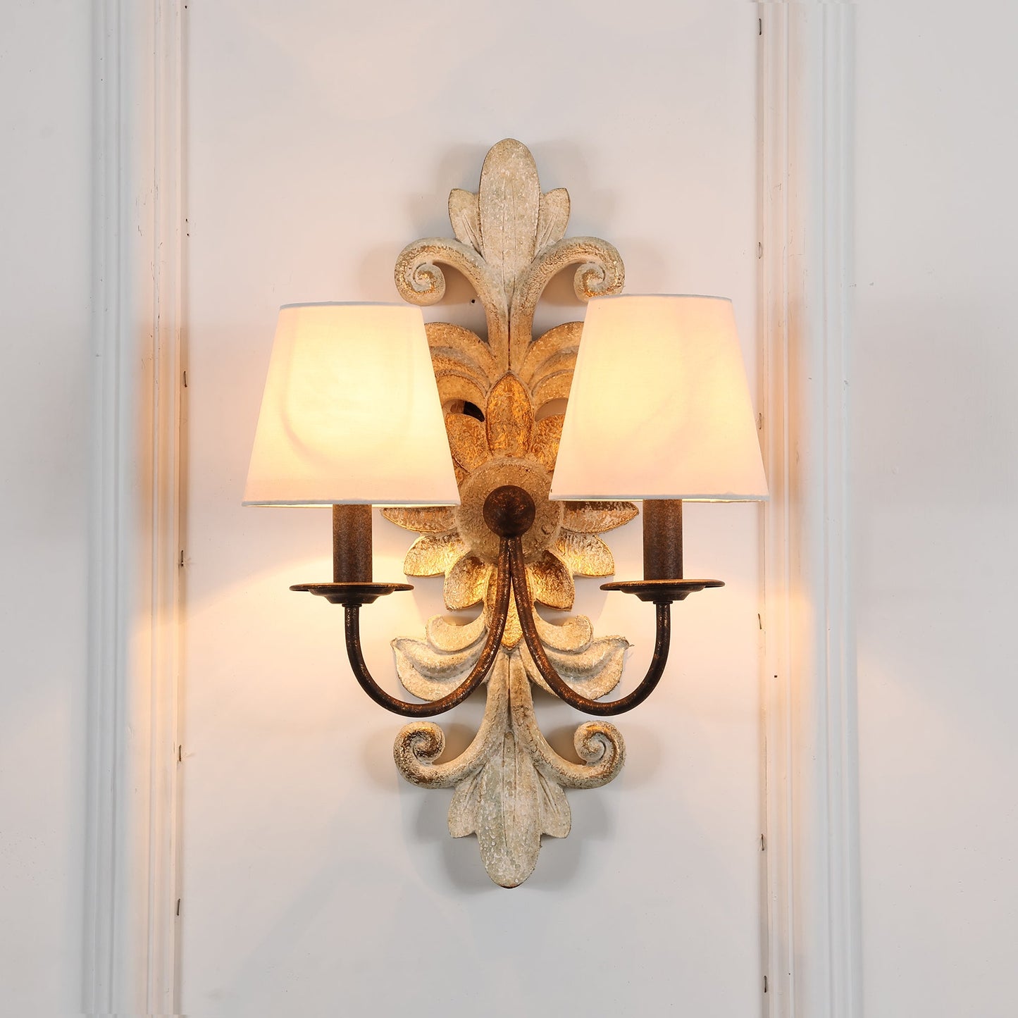 Trianon Glit Sconce - Carved Wood 2-Light Wall Sconce | French Country Vintage Fabric Shade Light