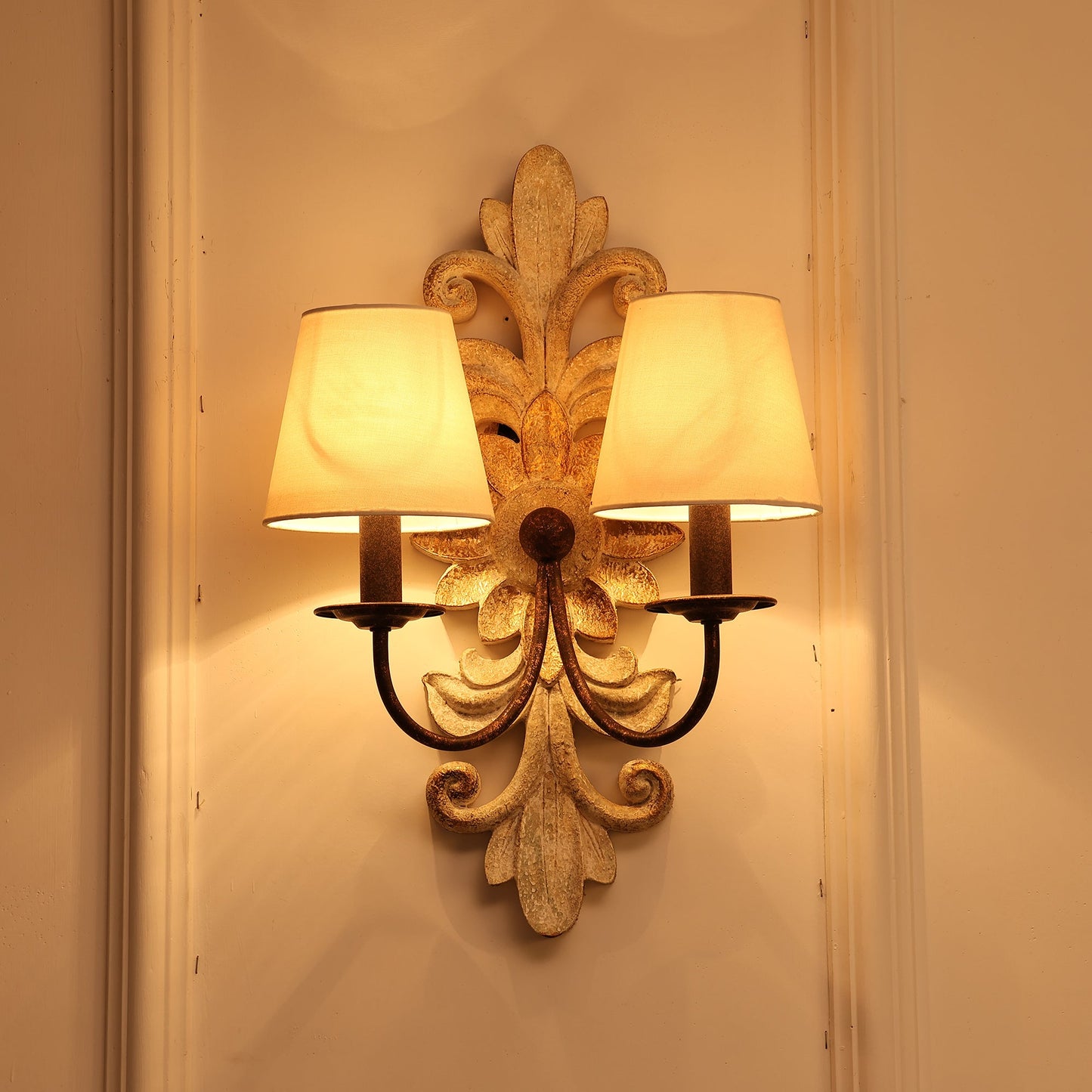 Trianon Glit Sconce - Carved Wood 2-Light Wall Sconce | French Country Vintage Fabric Shade Light