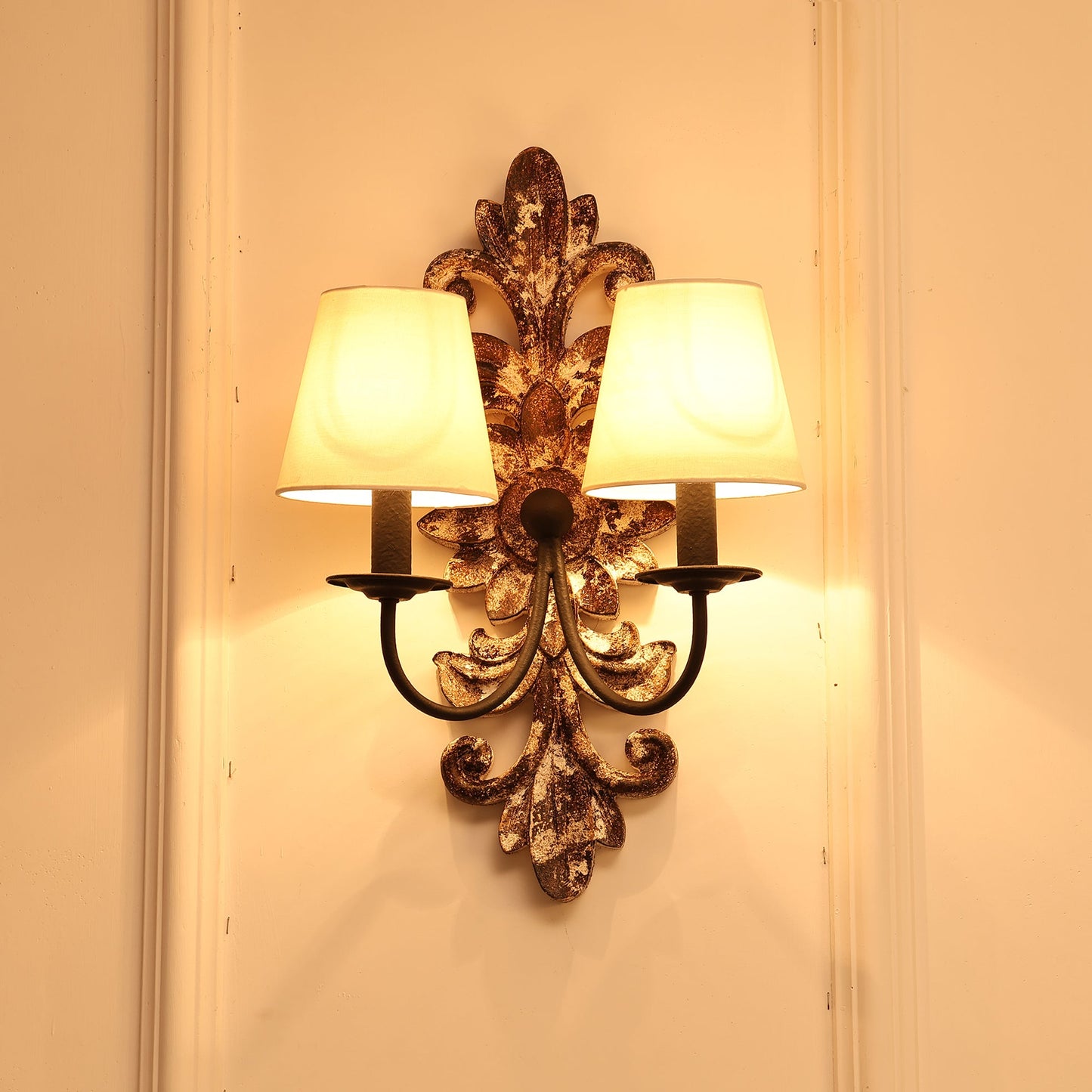 Trianon Glit Sconce - Carved Wood 2-Light Wall Sconce | French Country Vintage Fabric Shade Light