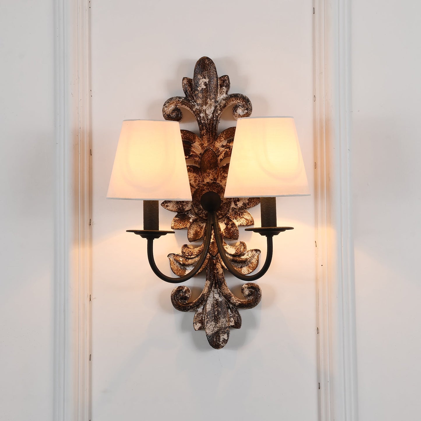 Trianon Glit Sconce - Carved Wood 2-Light Wall Sconce | French Country Vintage Fabric Shade Light
