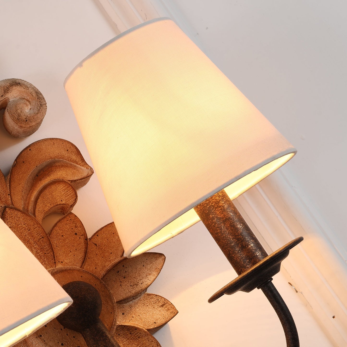 Trianon Glit Sconce - Carved Wood 2-Light Wall Sconce | French Country Vintage Fabric Shade Light