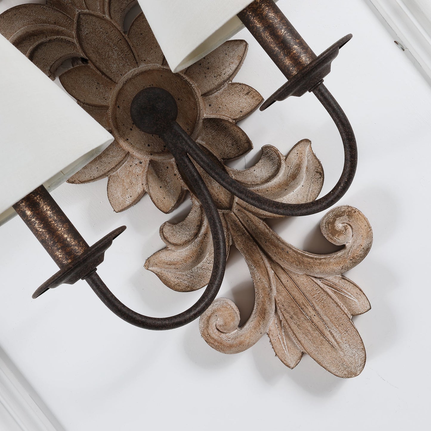 Trianon Glit Sconce - Carved Wood 2-Light Wall Sconce | French Country Vintage Fabric Shade Light