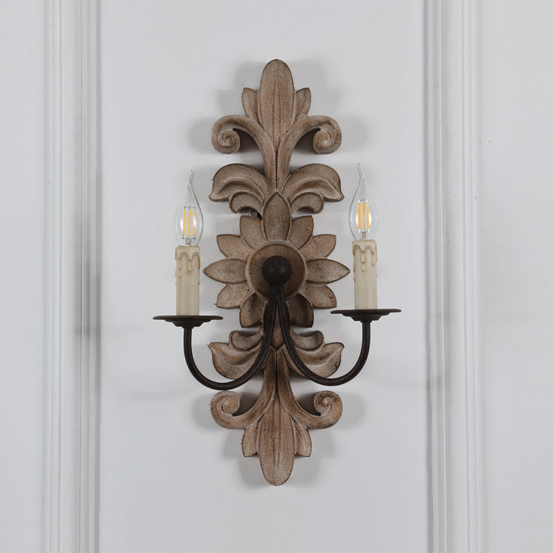 Trianon Glit Sconce - Carved Wood 2-Light Wall Sconce | French Country Vintage Fabric Shade Light