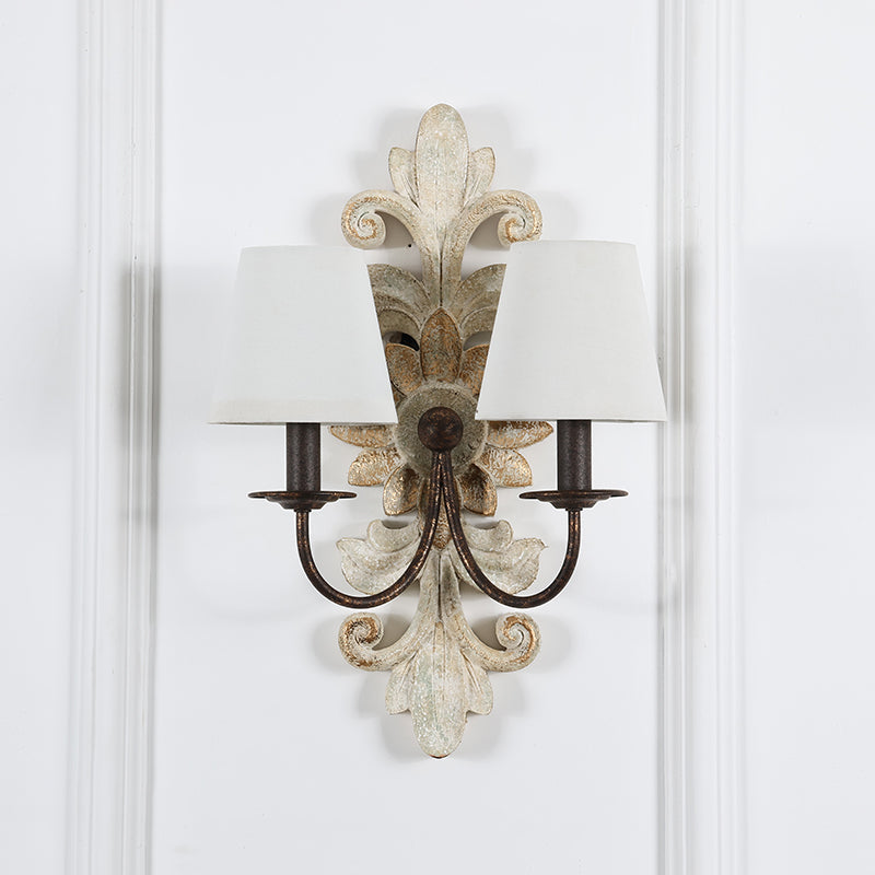 Trianon Glit Sconce - Carved Wood 2-Light Wall Sconce | French Country Vintage Fabric Shade Light