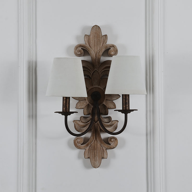 Trianon Glit Sconce - Carved Wood 2-Light Wall Sconce | French Country Vintage Fabric Shade Light