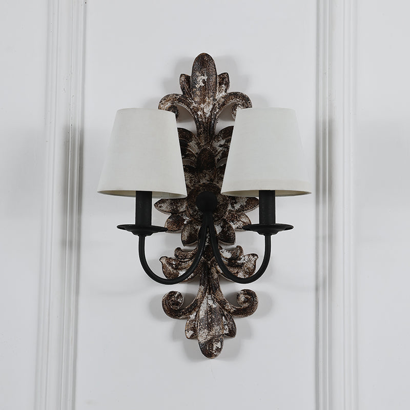 Trianon Glit Sconce - Carved Wood 2-Light Wall Sconce | French Country Vintage Fabric Shade Light