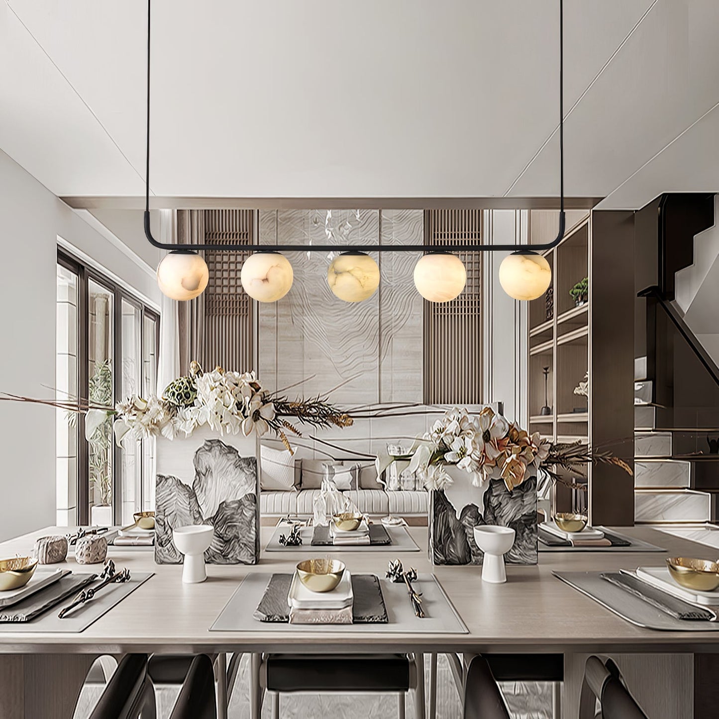 Tribeca Alabaster Pendant Lamp - Handcrafted Natural Stone Shade Linear Light | Multi-Head G9 Island Pendant
