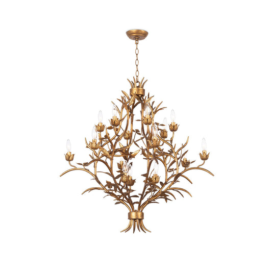 Trillium Chandelier - 15-Light Antique Gold Leaf Branch Chandelier | Multi-Tier Rustic Luxe Pendant Light