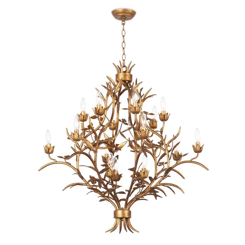 Trillium Chandelier - 15-Light Antique Gold Leaf Branch Chandelier | Multi-Tier Rustic Luxe Pendant Light
