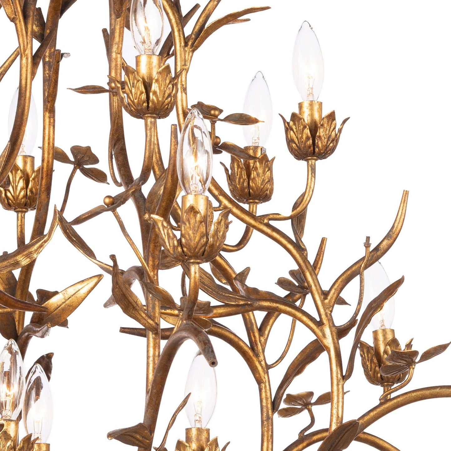 Trillium Chandelier - 15-Light Antique Gold Leaf Branch Chandelier | Multi-Tier Rustic Luxe Pendant Light