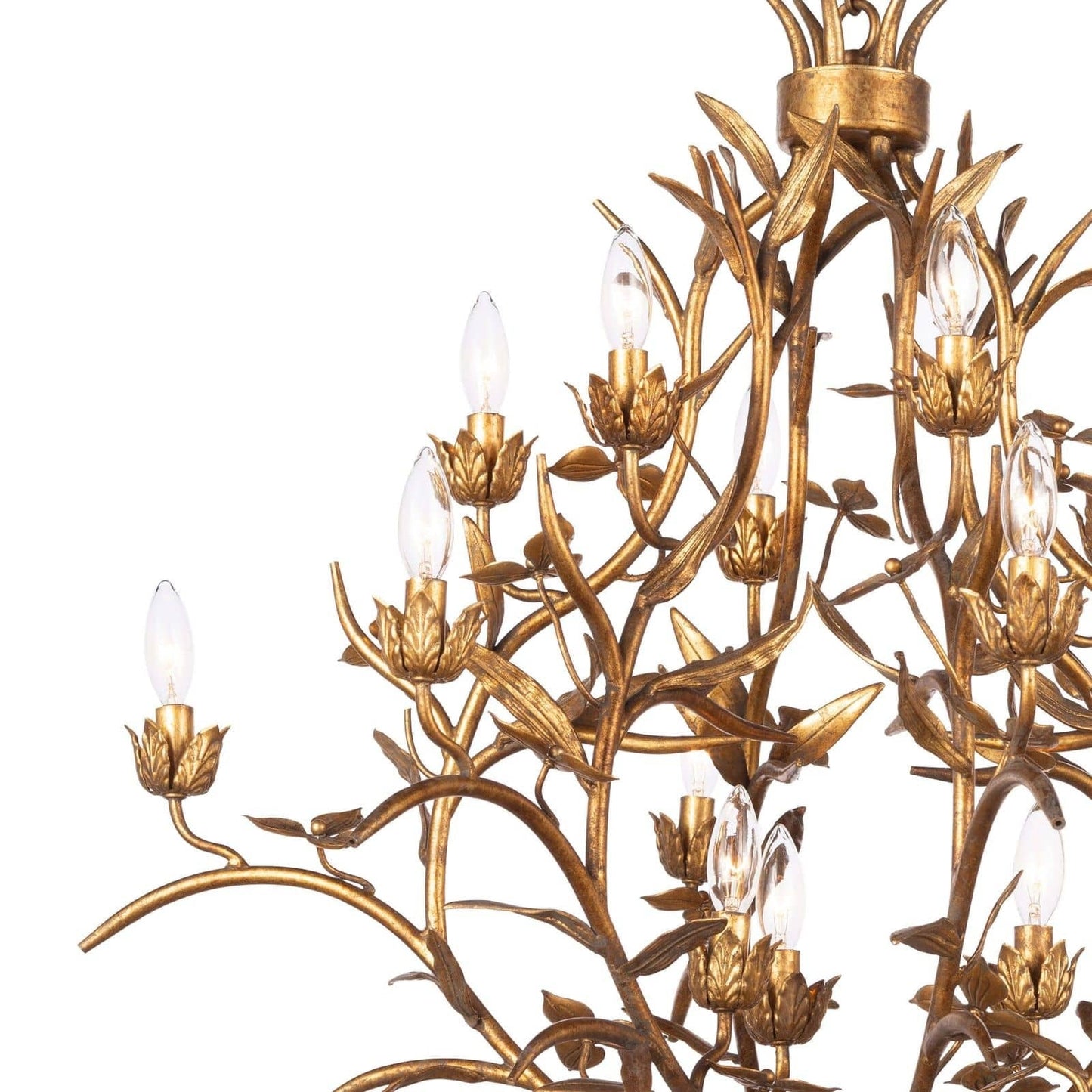 Trillium Chandelier - 15-Light Antique Gold Leaf Branch Chandelier | Multi-Tier Rustic Luxe Pendant Light