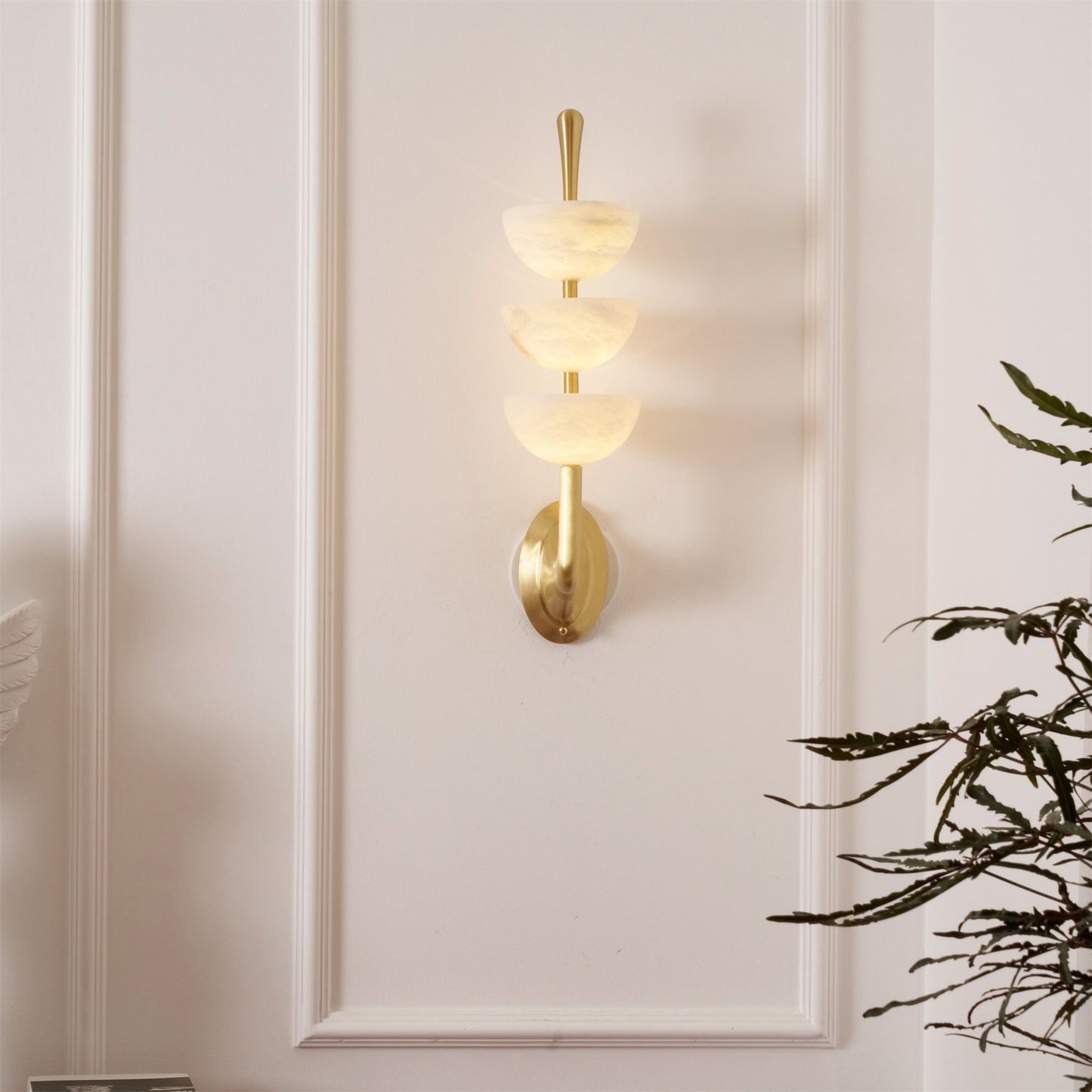 Triple Alabaster Wall Lamp - Tiered Natural Alabaster Stone Sconce | Modern Brass LED Wall Light