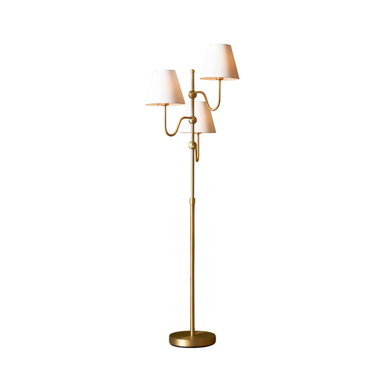 Triple Floor Lamp - 3-Light Staggered Brass & White Fabric Shade Standing Lamp | Modern Industrial Accent Light