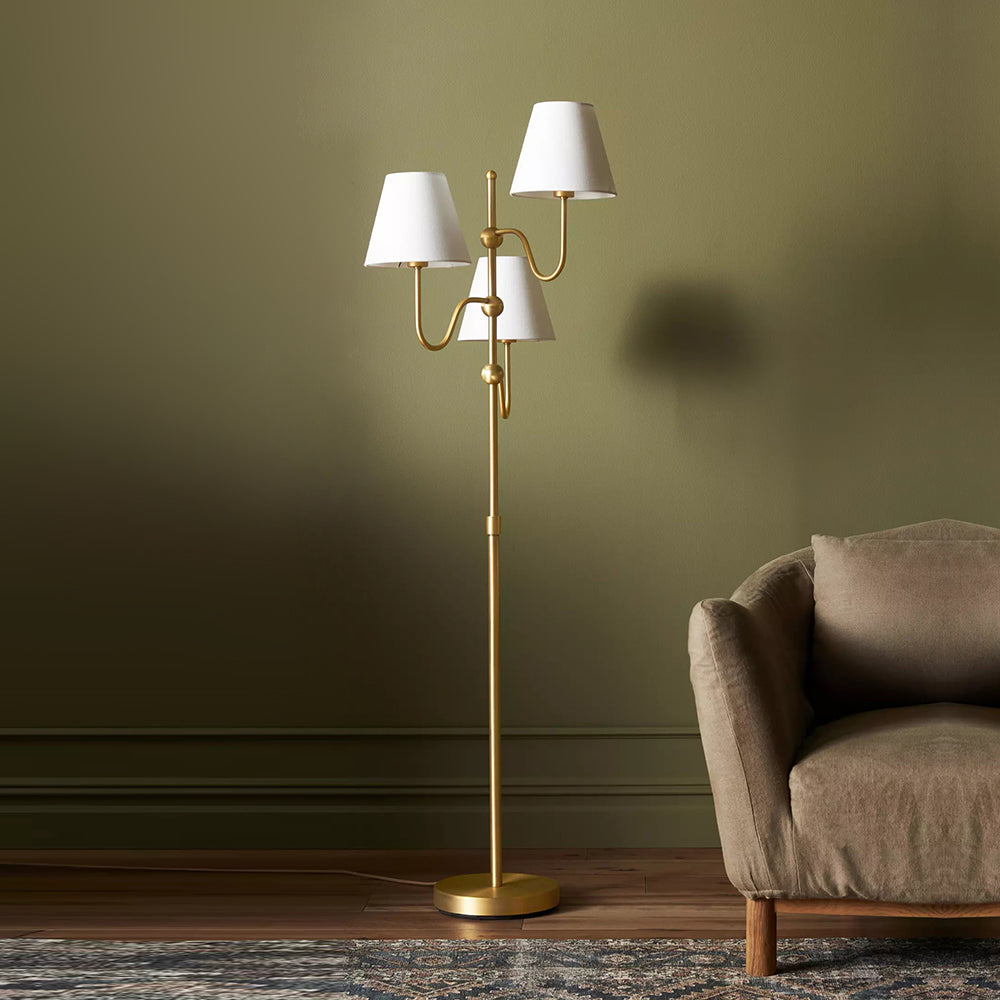 Triple Floor Lamp - 3-Light Staggered Brass & White Fabric Shade Standing Lamp | Modern Industrial Accent Light