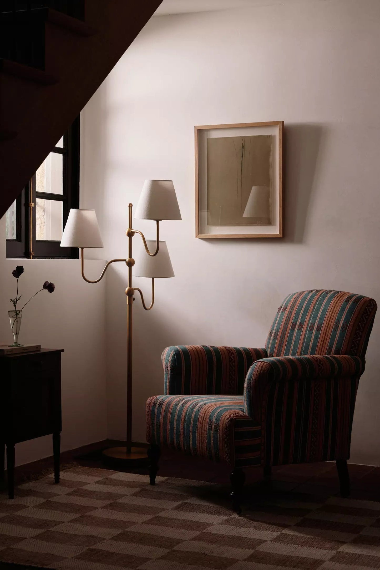 Triple Floor Lamp - 3-Light Staggered Brass & White Fabric Shade Standing Lamp | Modern Industrial Accent Light