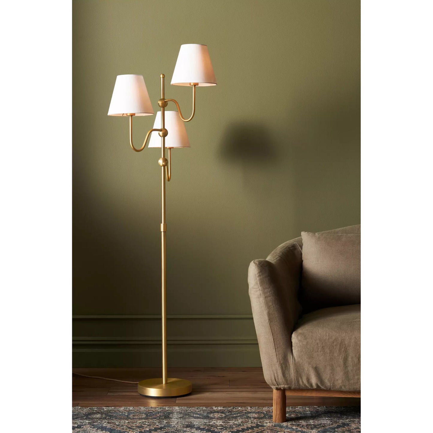 Triple Floor Lamp - 3-Light Staggered Brass & White Fabric Shade Standing Lamp | Modern Industrial Accent Light