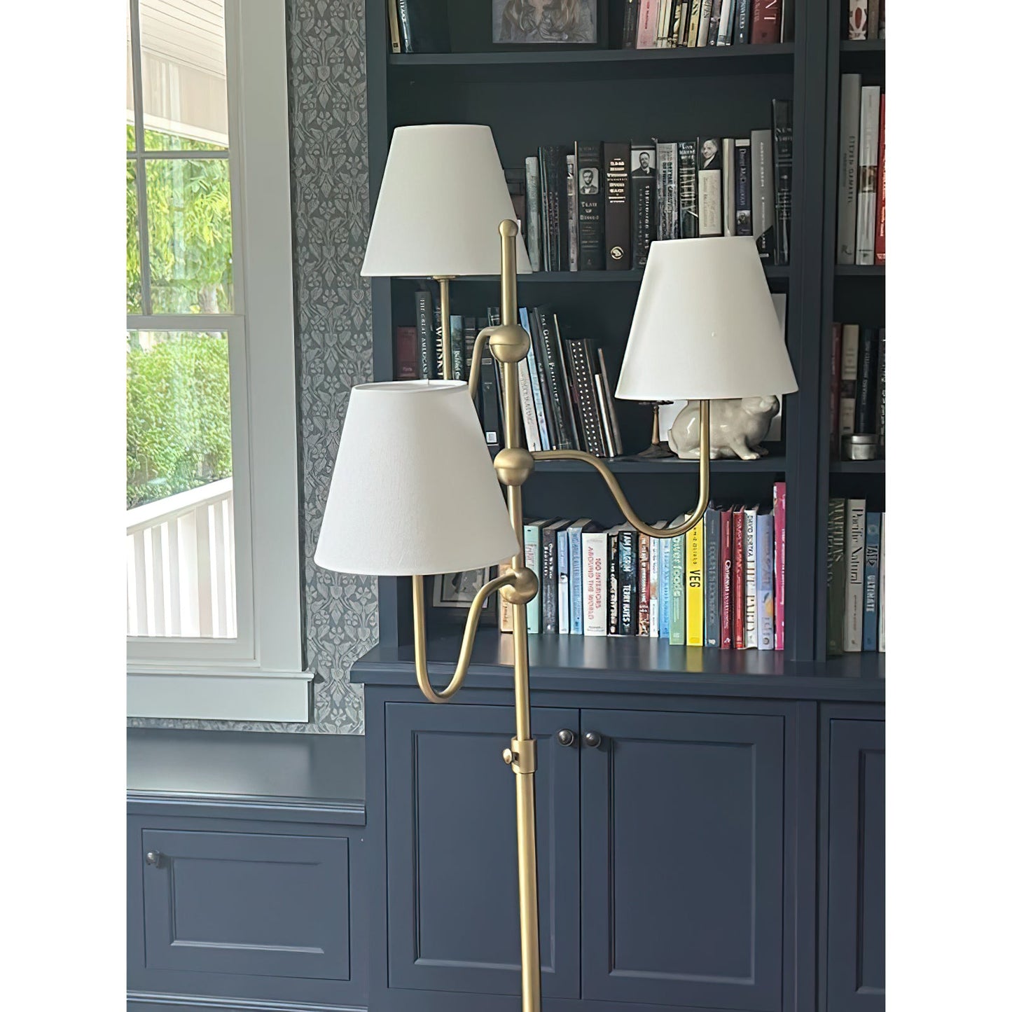Triple Floor Lamp - 3-Light Staggered Brass & White Fabric Shade Standing Lamp | Modern Industrial Accent Light