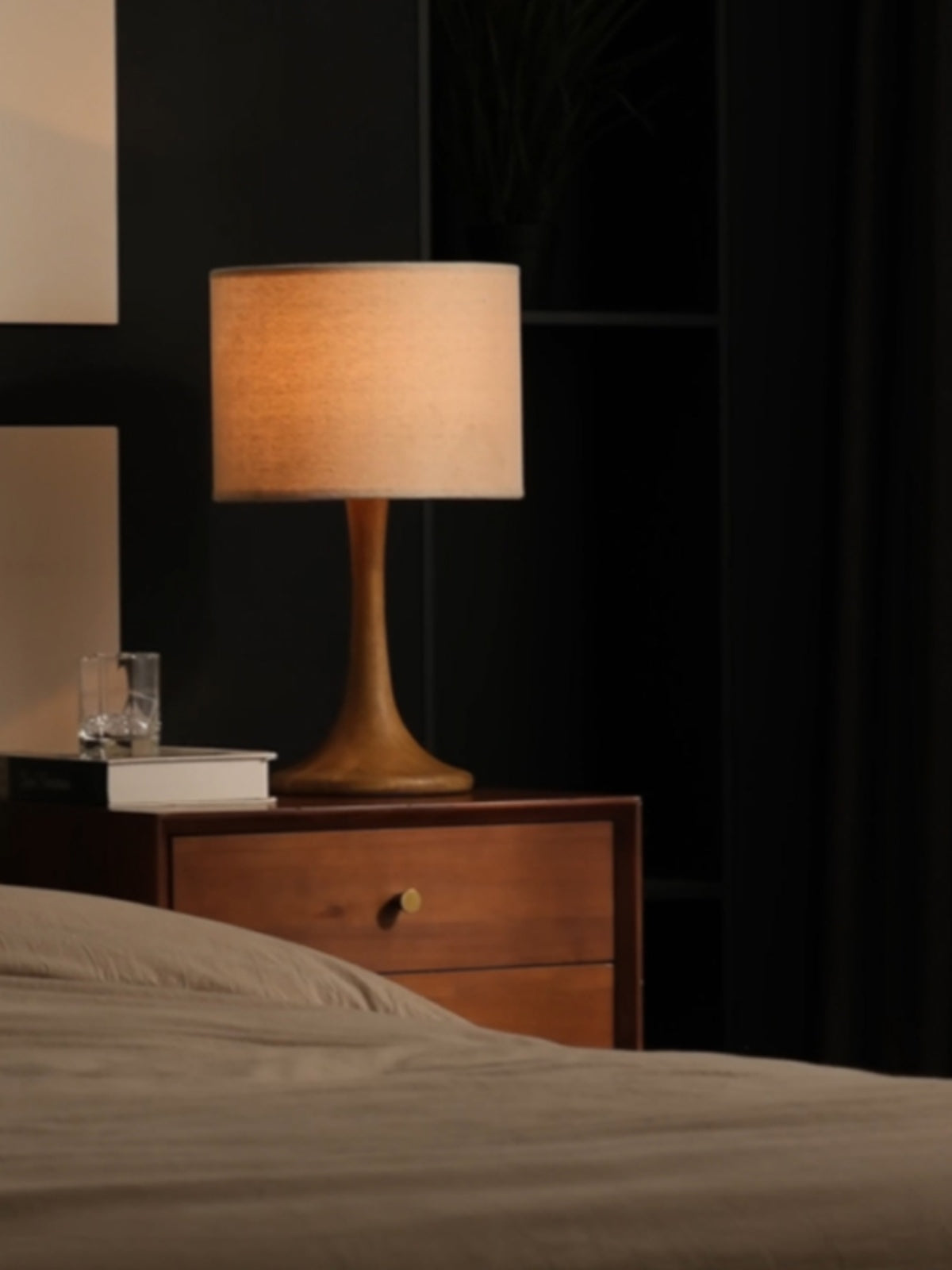Trumpet Table Lamp - Handcrafted Solid Wood Base & Fabric Shade | Modern Minimalist Bedside Accent Light