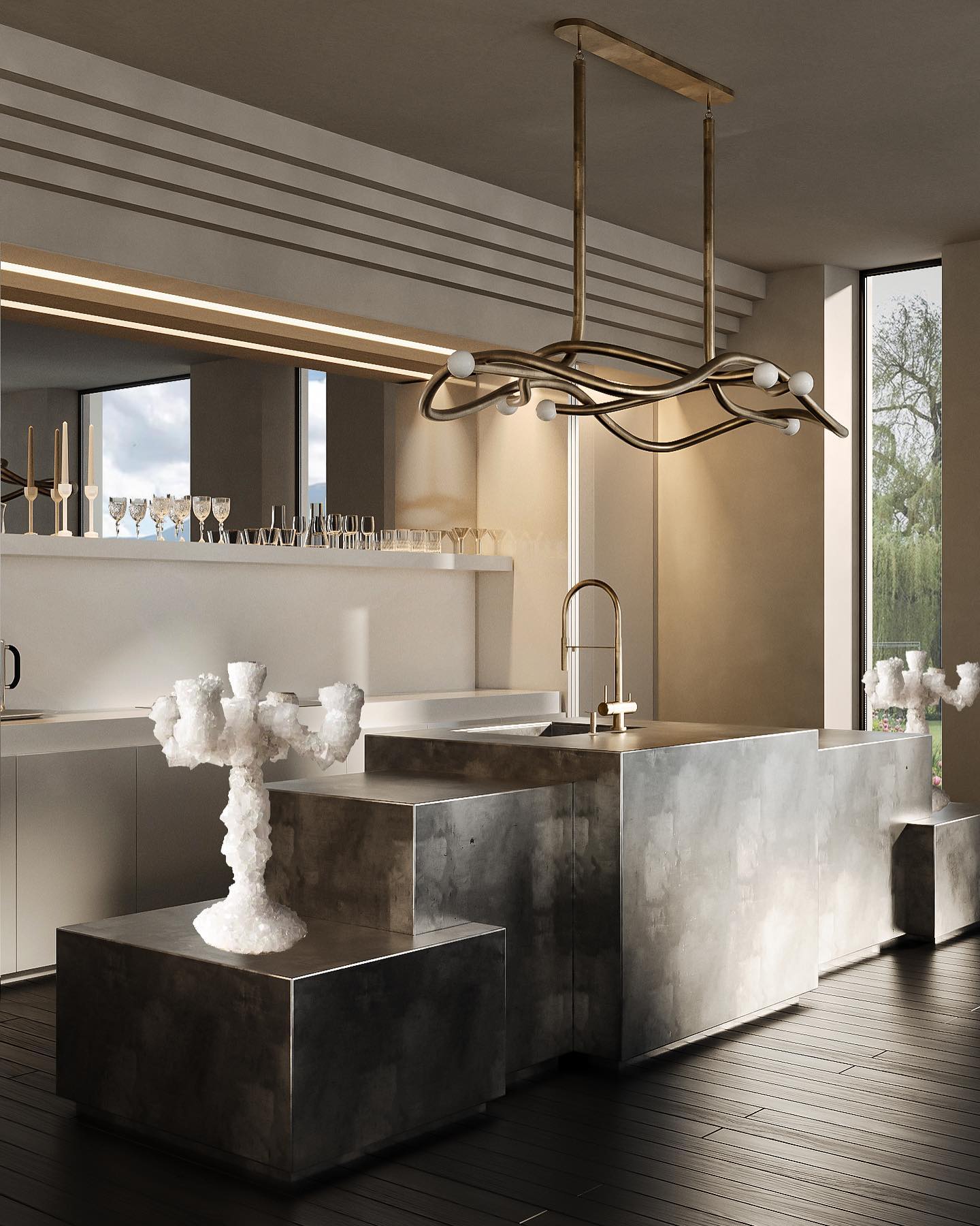 Tryst Chandelier - Interlocked Sculptural Brass Pendant Light | Modern Kinetic Balancing Chandelier