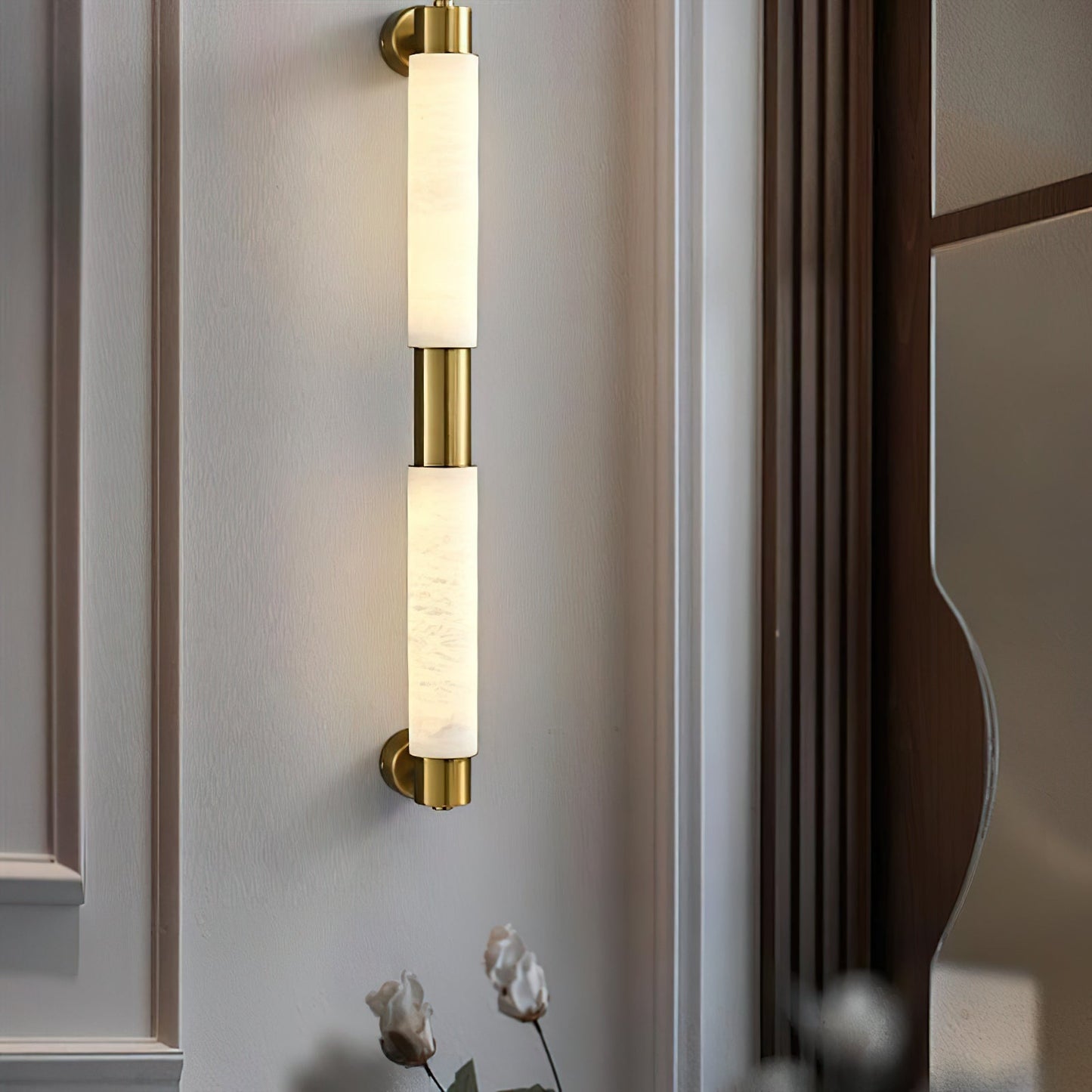 Tubular Alabaster Wall Sconce - Natural Stone Cylinder Sconce | Modern Brass LED Vanity & Bedside Light