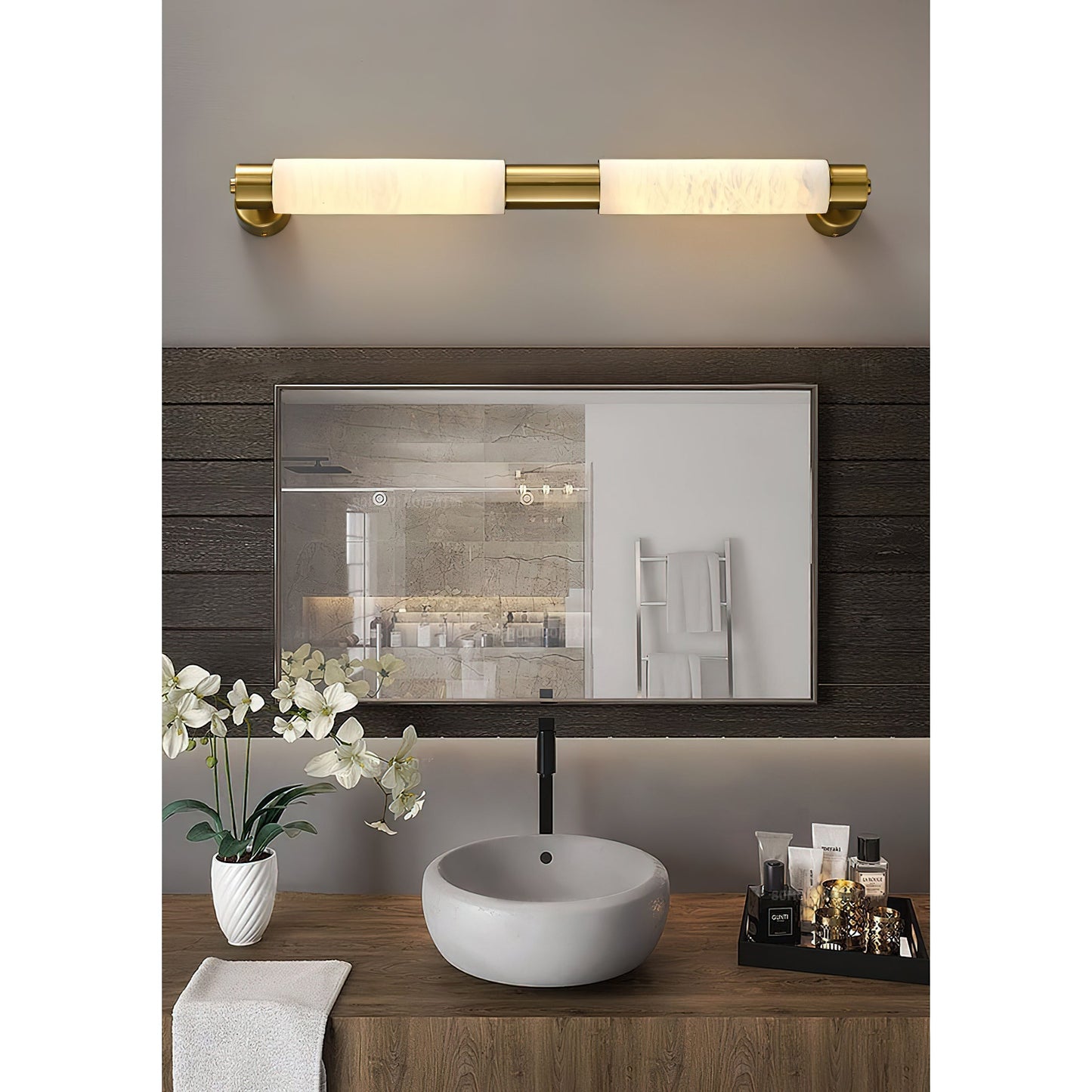 Tubular Alabaster Wall Sconce - Natural Stone Cylinder Sconce | Modern Brass LED Vanity & Bedside Light