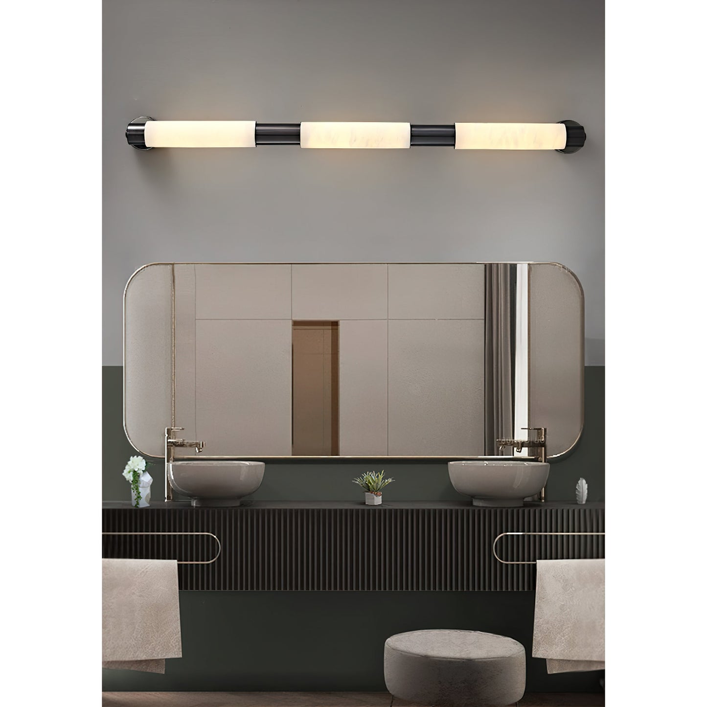 Tubular Alabaster Wall Sconce - Natural Stone Cylinder Sconce | Modern Brass LED Vanity & Bedside Light