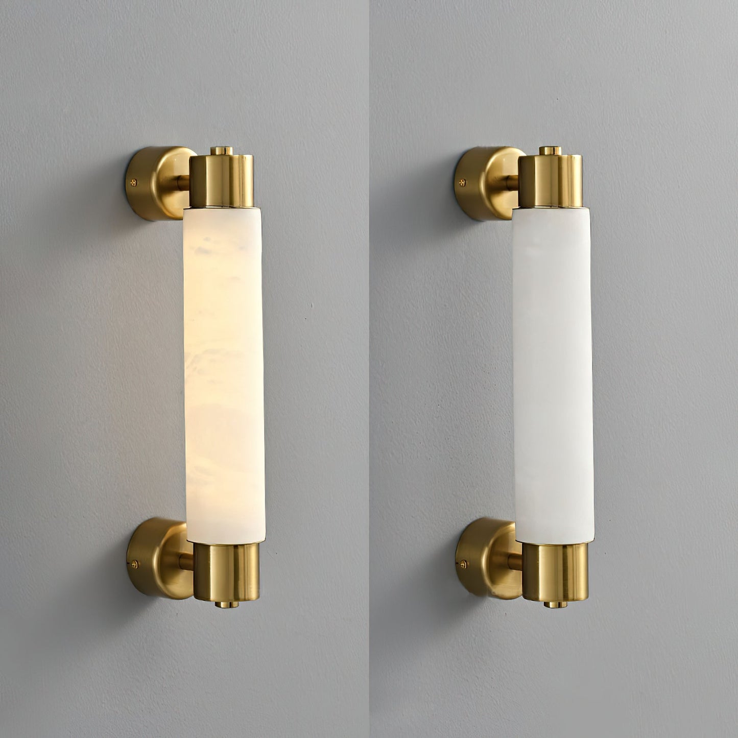 Tubular Alabaster Wall Sconce - Natural Stone Cylinder Sconce | Modern Brass LED Vanity & Bedside Light