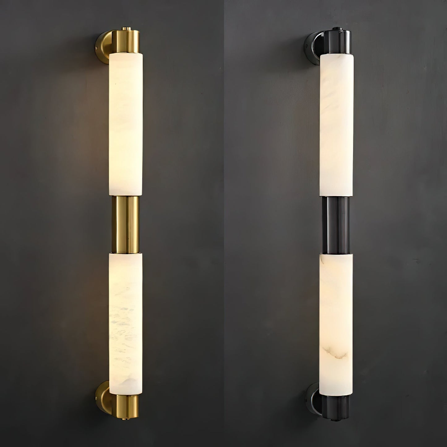 Tubular Alabaster Wall Sconce - Natural Stone Cylinder Sconce | Modern Brass LED Vanity & Bedside Light