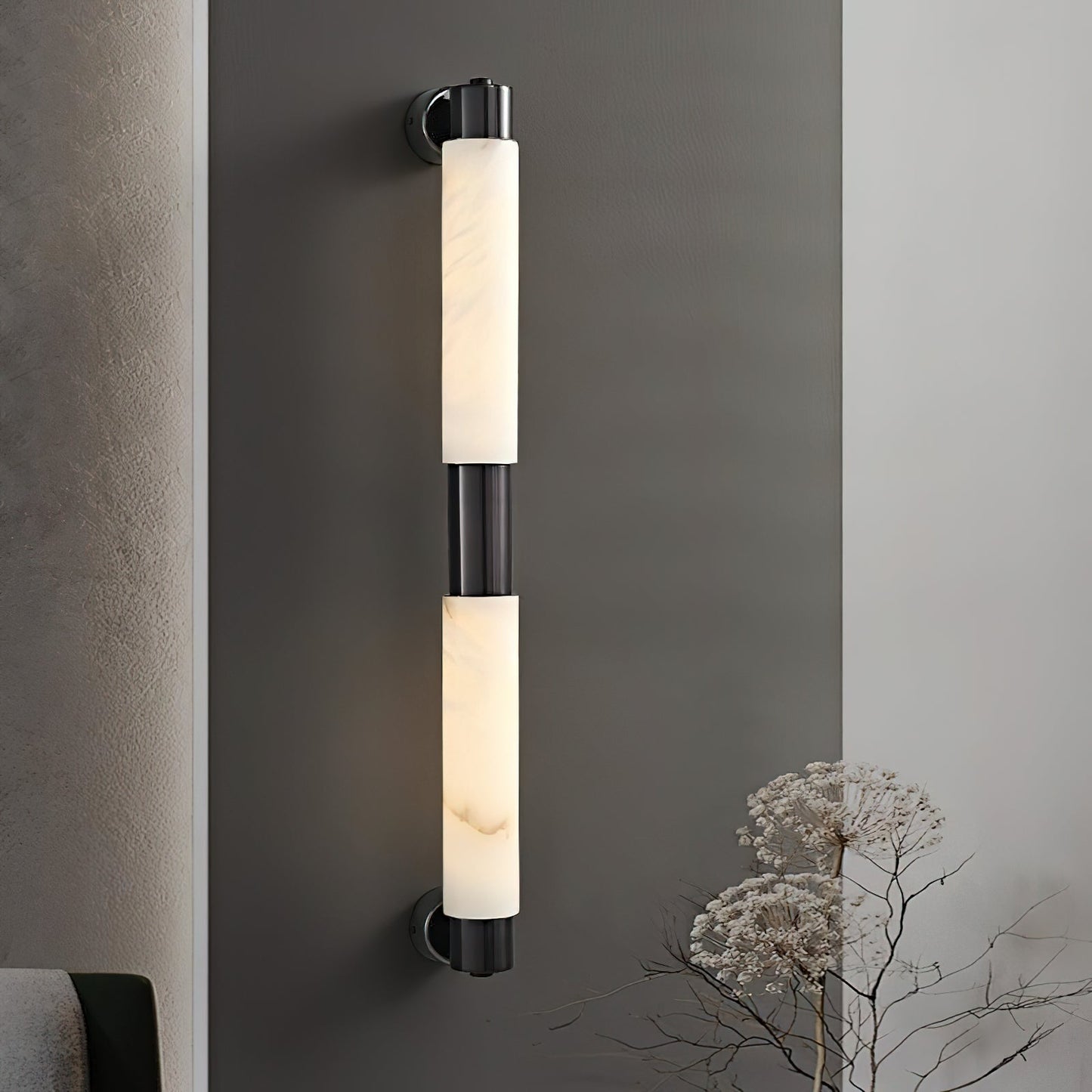 Tubular Alabaster Wall Sconce - Natural Stone Cylinder Sconce | Modern Brass LED Vanity & Bedside Light