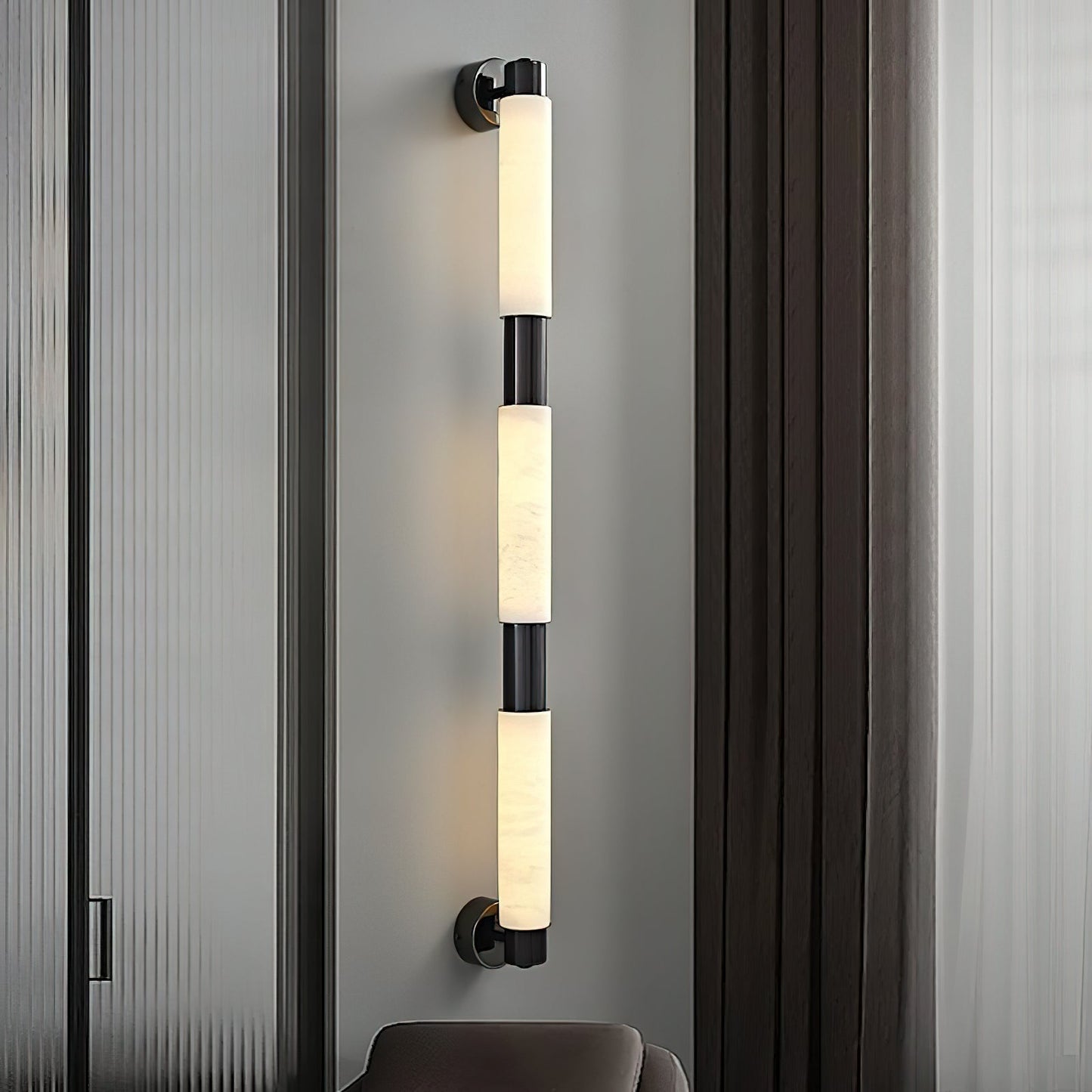 Tubular Alabaster Wall Sconce - Natural Stone Cylinder Sconce | Modern Brass LED Vanity & Bedside Light